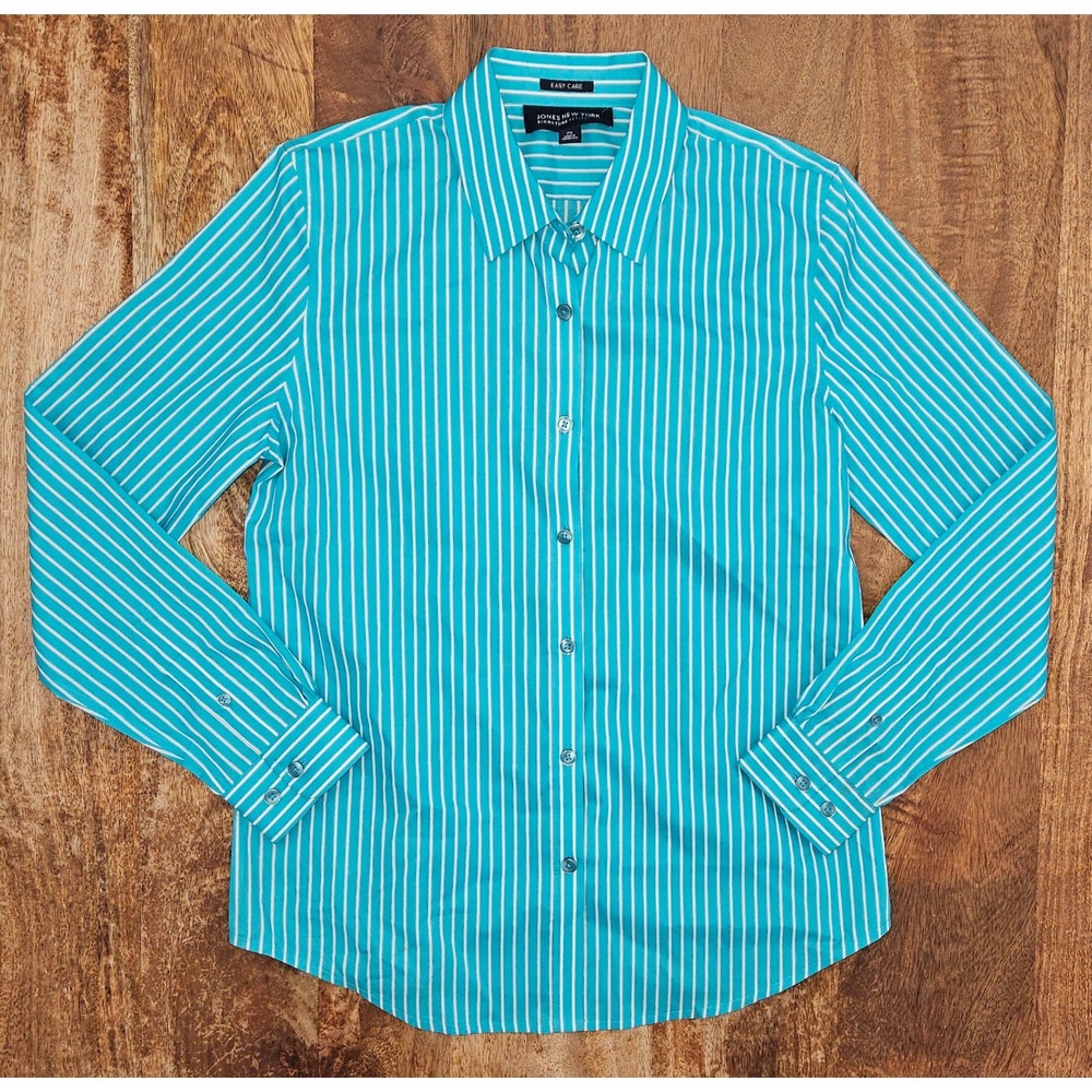 Jones New York Signature Shirt Womens PS Petite Small Teal Turquoise Striped LS